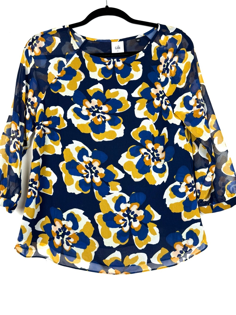 CAbi Navy Floral Sheer Blouse - Navy/Gold/White